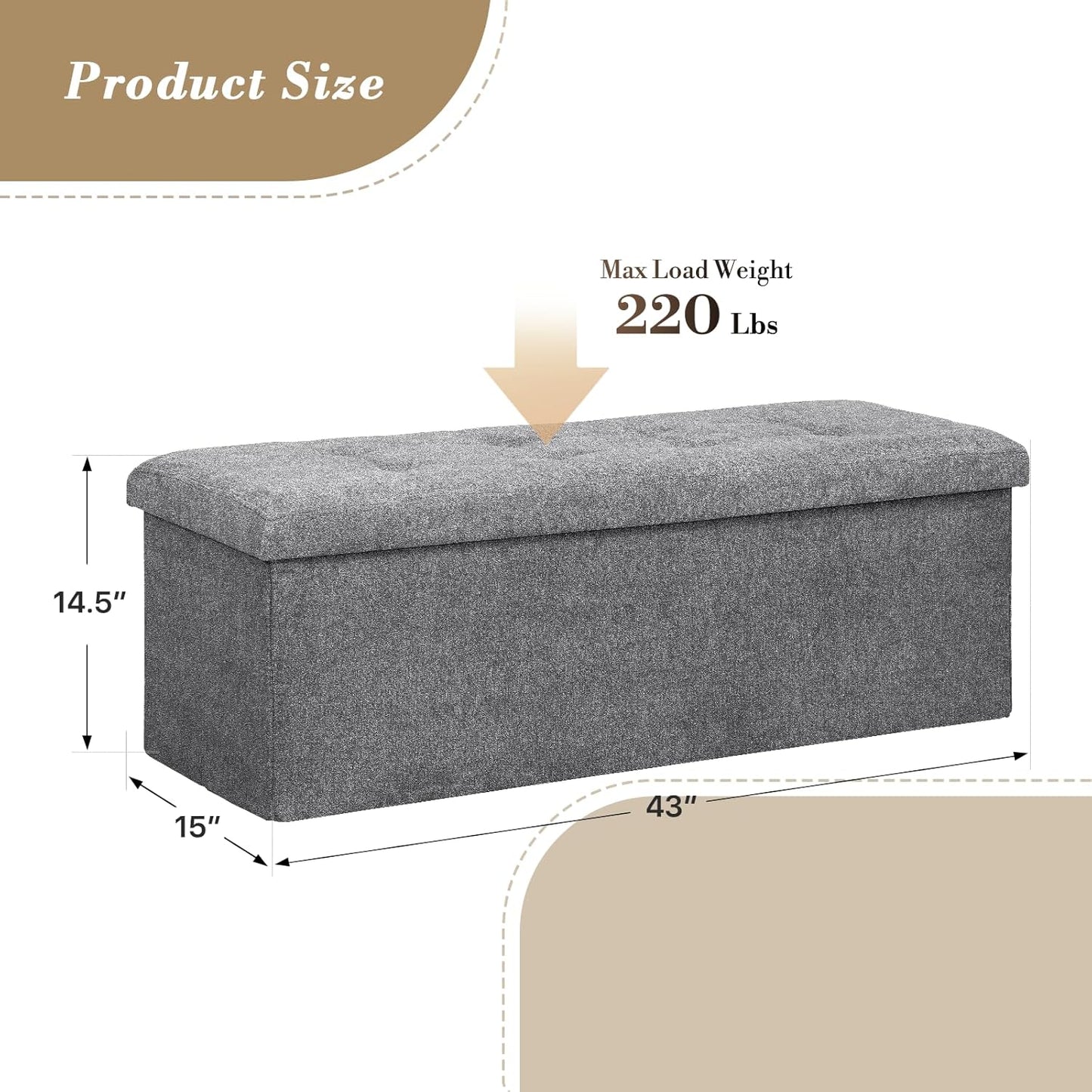 Athena Collection 43" Storage Ottoman Bench Folding Bench with 130L Hidden Storage, Large End of Bed Bench Linen Foot Rest Stool Chest with Flipping Lid for Living Room, Bedroom, Entryway, Dark Gray