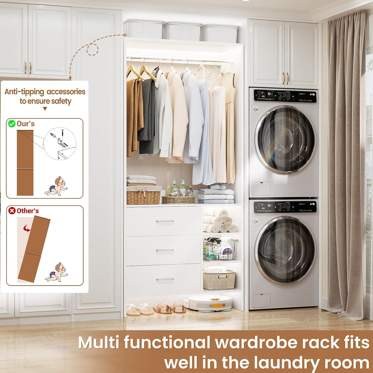 Aheaplus 2.5FT Closet System with 3 Drawers, 29.5’’ Closet Organizer, Wood Closet Organizer System, Walk-in Closet or Small Closets Wardrobe, Clothes Rack with Hanging Rods,-E6, White