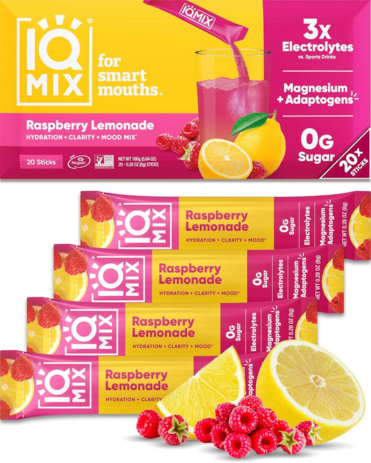 IQMIX Hydration Electrolyte Powder – 4-in-1 Formula for Hydration, Mental Clarity, Mood and Recovery – Sugar-Free Drink Mix, Keto, Magnesium L-Threonate, Lion’s Mane – 20 Count New Raspberry Lemonade