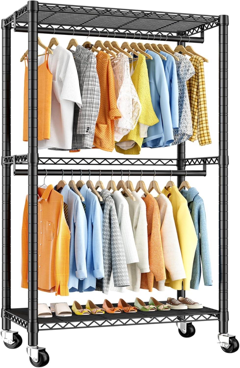 Raybee Heavy Duty Clothing Rack with Wheels,Rolling Clothes Rack for Hanging Clothes,Portable,2 Shelves,Black
