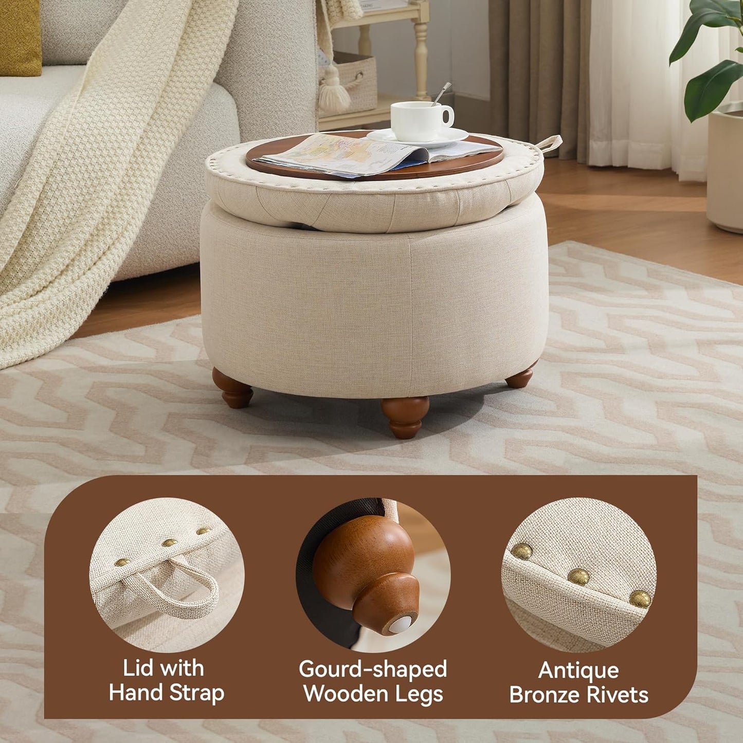 24Inch Round Storage Ottoman with Tray, Modern Tufted Fabric Circle Coffee Table with Storage, Upholstered Ottoman with Removable Top for Living Room, Bedroom, Khaki