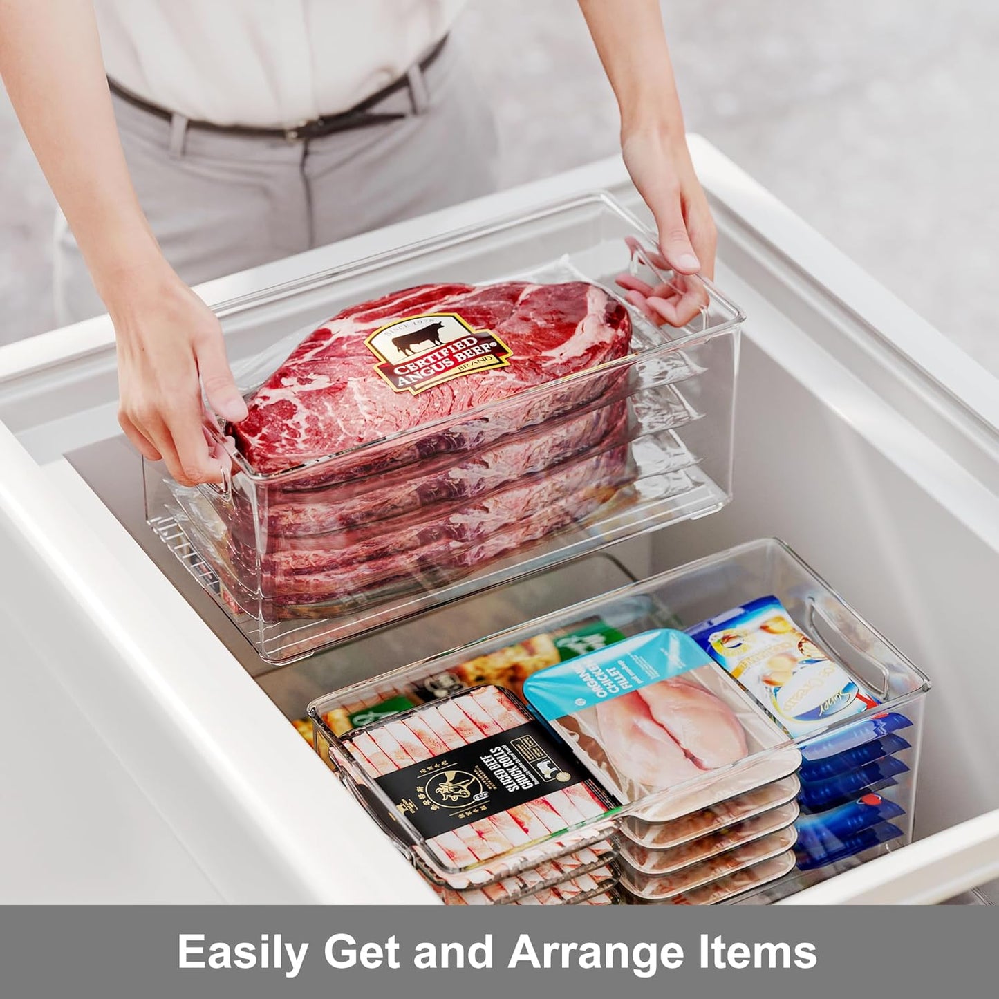 2 Pack Clear Freezer Organizer Bins Stackable Storage Bins with Side Handles for Kitchen Pantry Cabinet Organzation and Storage