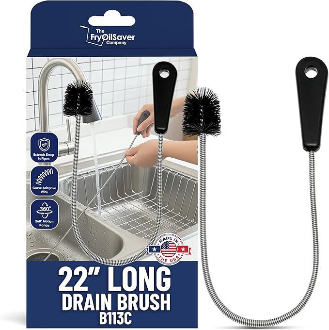 22" Long Sink Drain Cleaning Brush by FryOilSaver Co., Clog Remover for Small Spaces Perfect for Unclogging Sink, Toilet & Shower Drain, Drain Snake Hair Clog Remover, Tiny Pipe Cleaning Brush - B113C