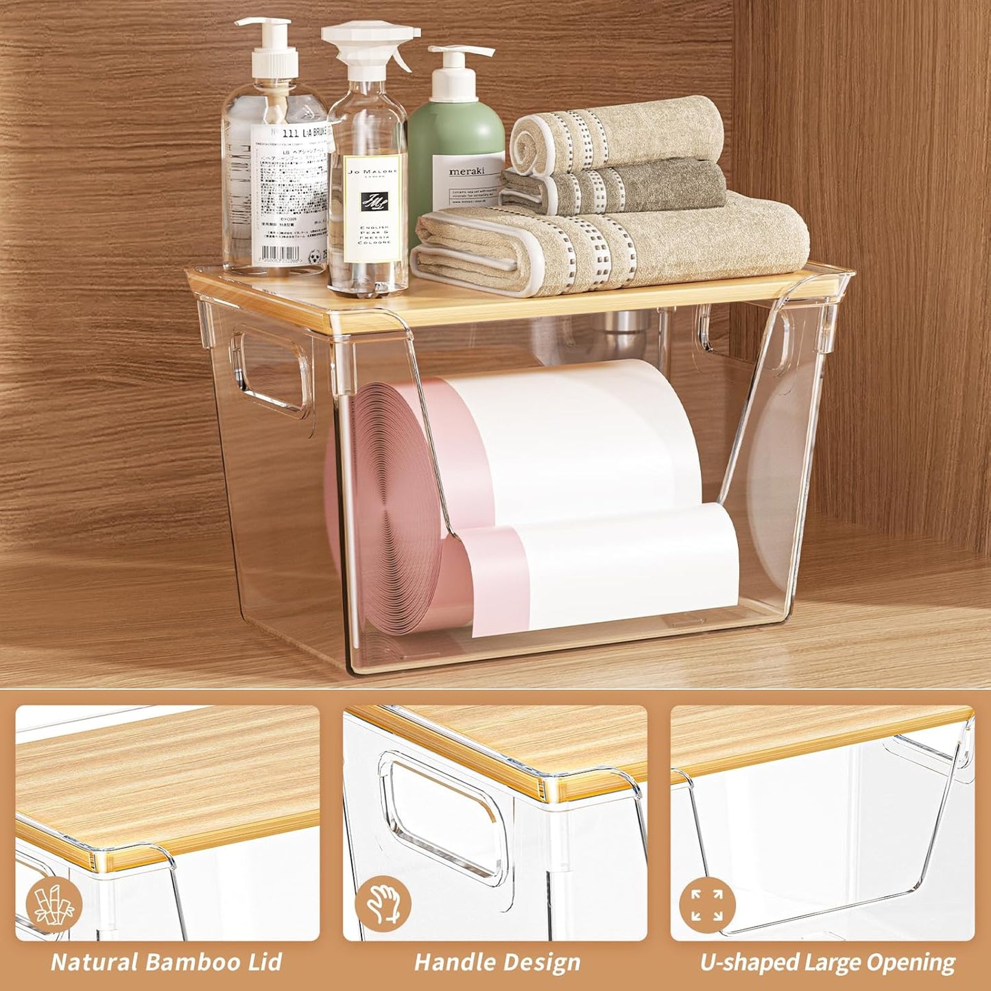 2 Pack Stackable Storage Trash Bag Holder with Bamboo Top, Large Garbage Trash Bag Dispenser, laundry room organization, Kitchen Pantry Organizer Storage for Onion, Potato, Snack