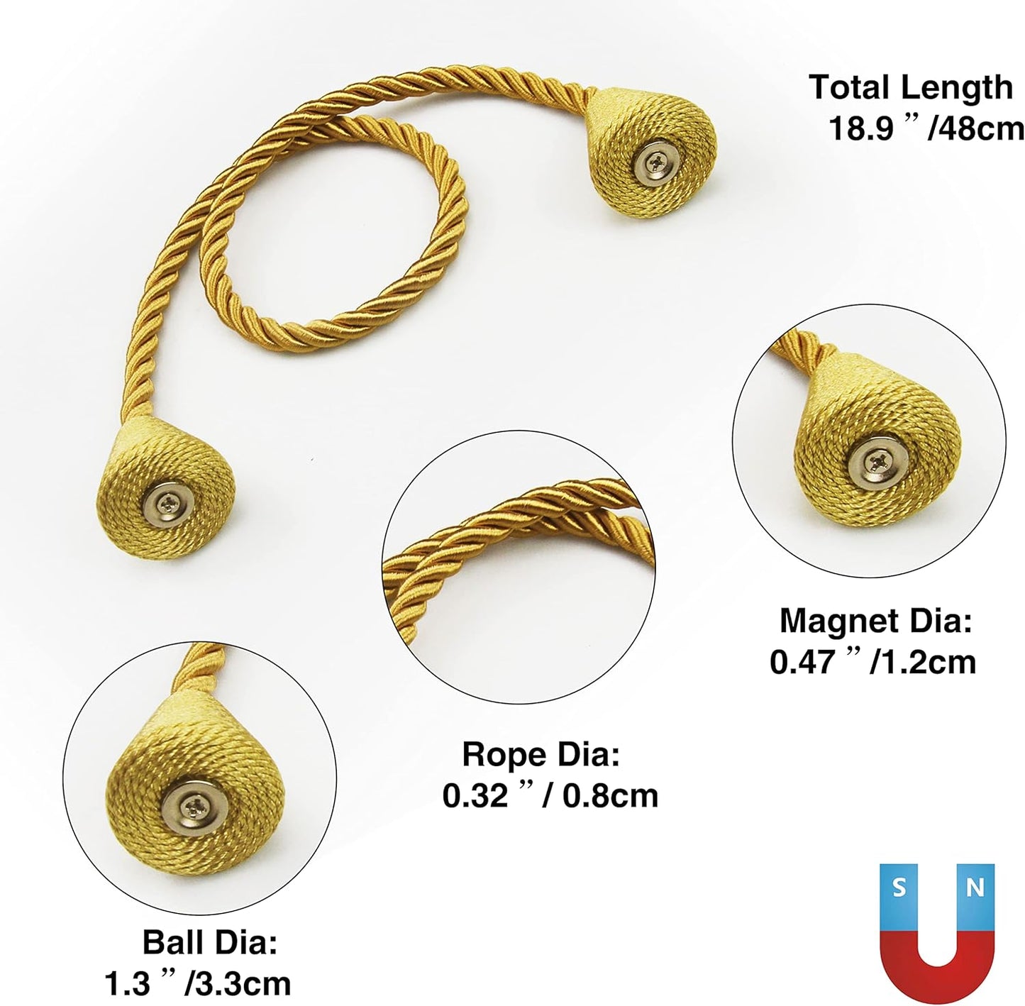 2 Pack Magnetic Curtain Tiebacks Rope Modern Handmade Curtain Tie Backs Decorative Drapes Weave Holdbacks for Window Décor, Gold