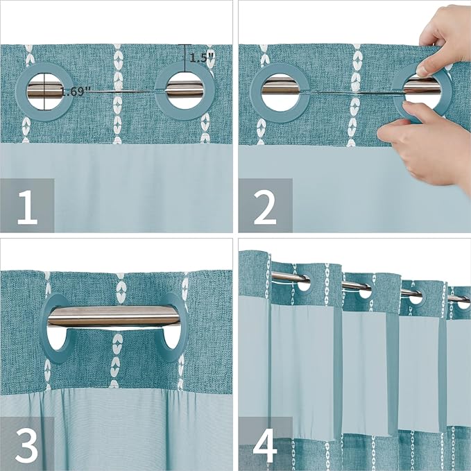 Boho Farmhouse No Hook Shower Curtain Set with Snap-in Fabric Liner,Heavy-Duty Linen Textured Rustic Striped Design,Water-Repellent with Tassels and Sheer Window,Teal,71x74