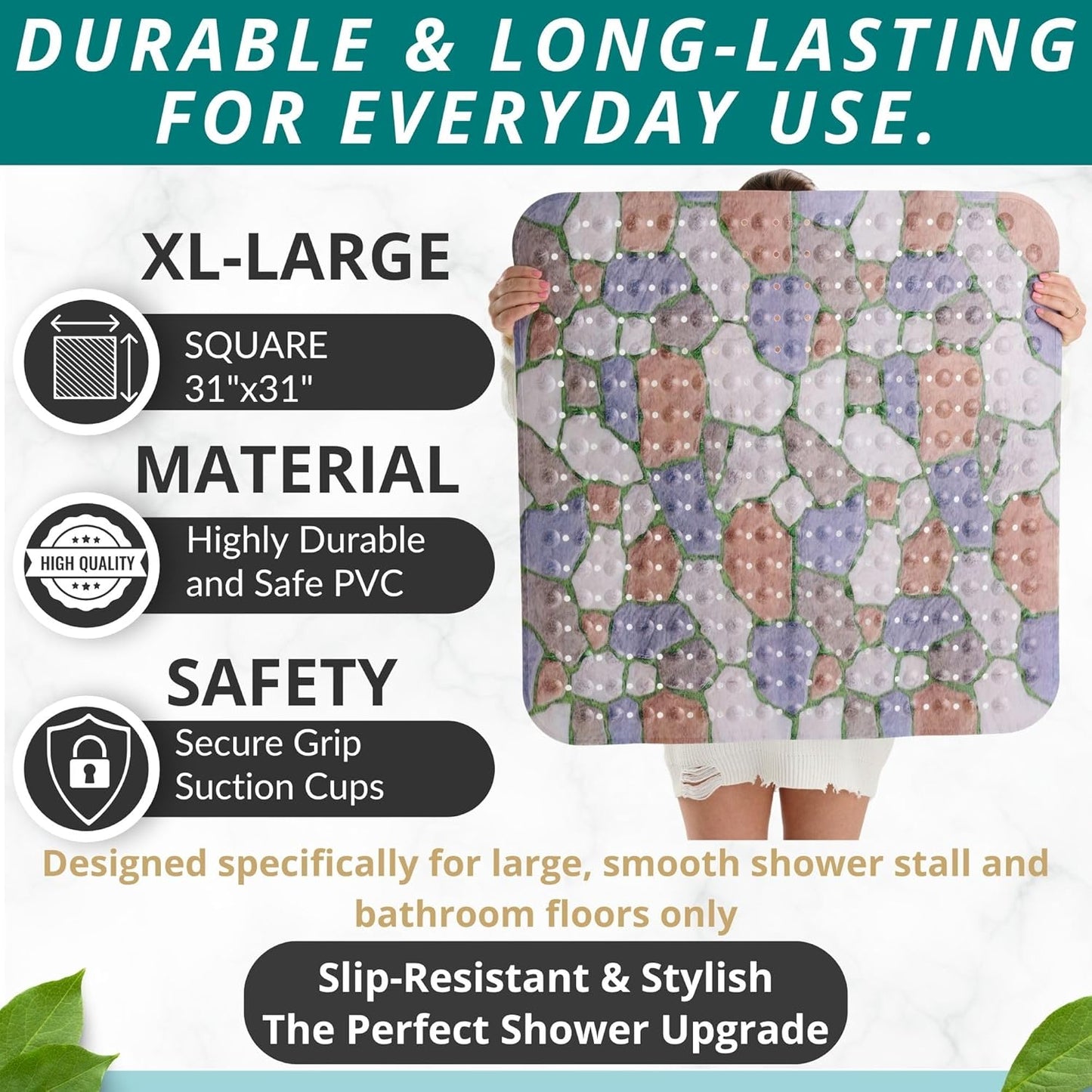 ENKOSI Extra Large Square Non Slip Shower Mat - 31 x 31-inch XL Bathroom Shower Mat - Square Shower Mats for Shower Stall Floors | Secure Suction Cups and Drain Holes (31x31 Stone Path)