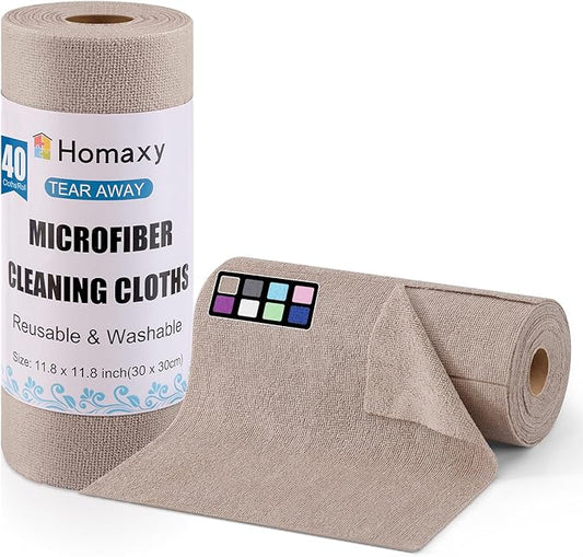 Homaxy Tear Away Dish Cloths Rolls, 40 Sheets-11.8" X 11.8", Reusable Washable Dish Towels for Kitchen, Ultra Absorbent and Quick Drying Microfiber Cleaning Rags, Khaki