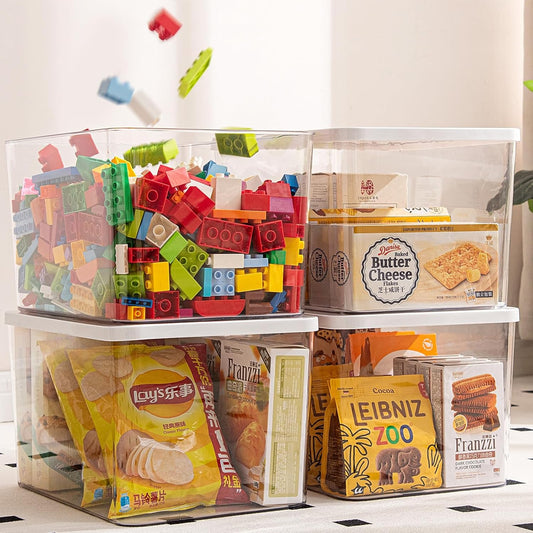 Clear plastic storage bins with LIDS-4packs,storage containers for snacks, cosmetics, books, dog food, Storage Organizer for Nursery，Kitchen, Living room,Bedroom, Bathroom, Office (Clear-White Lid)