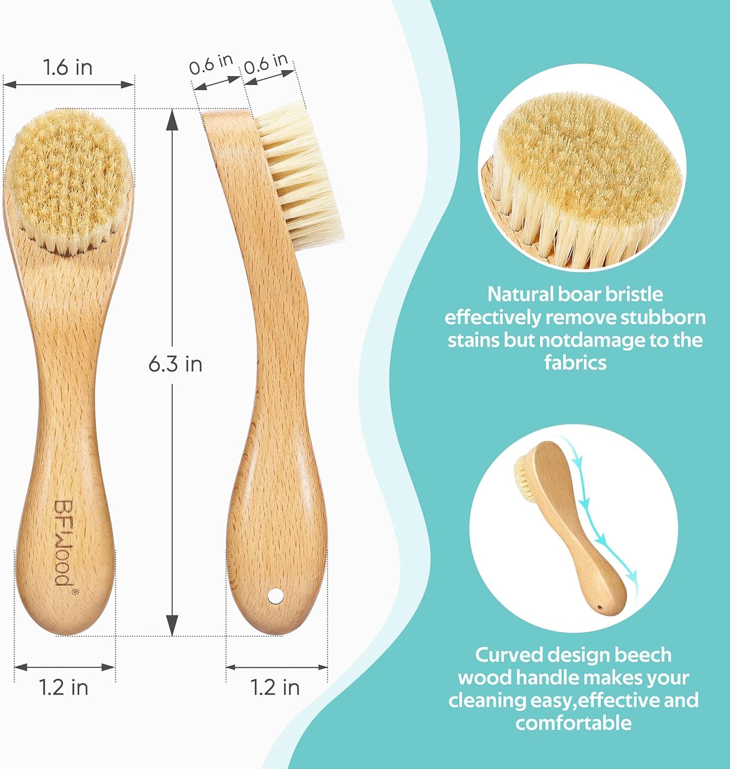 BFWood Laundry Stain Brush, Natural Soft Boar Bristles, Removes Tough Stains from Delicate Fabrics Like Knits, Cotton, and Linens, Gentle on Fabrics, No Damage