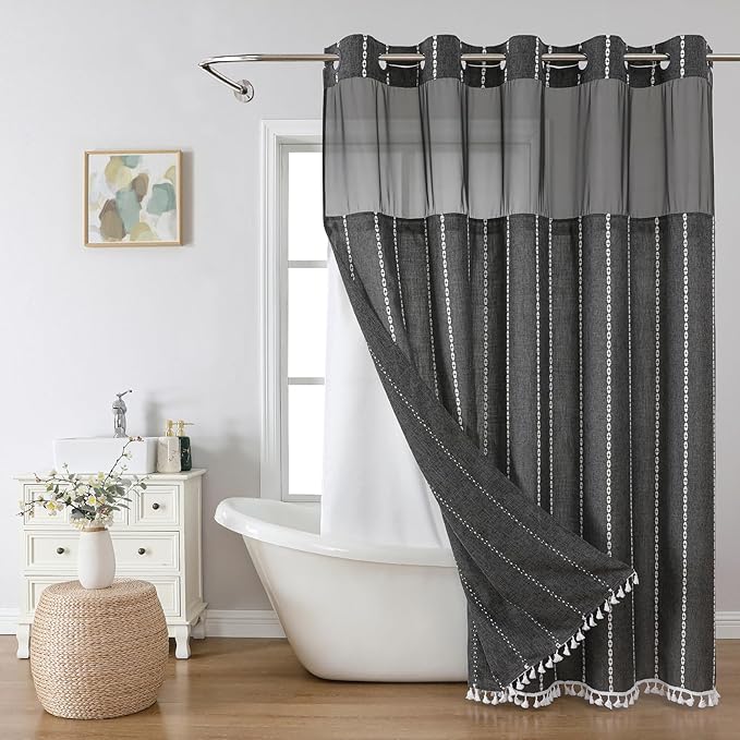 No Hook Long Shower Curtain Set with Snap-in Fabric Liner,Linen Textured Thick Striped Fabric with Tassels,Boho Farmhouse Rustic Luxury Bathroom Curtain,Water-Repellent,Charcoal Grey,71x80
