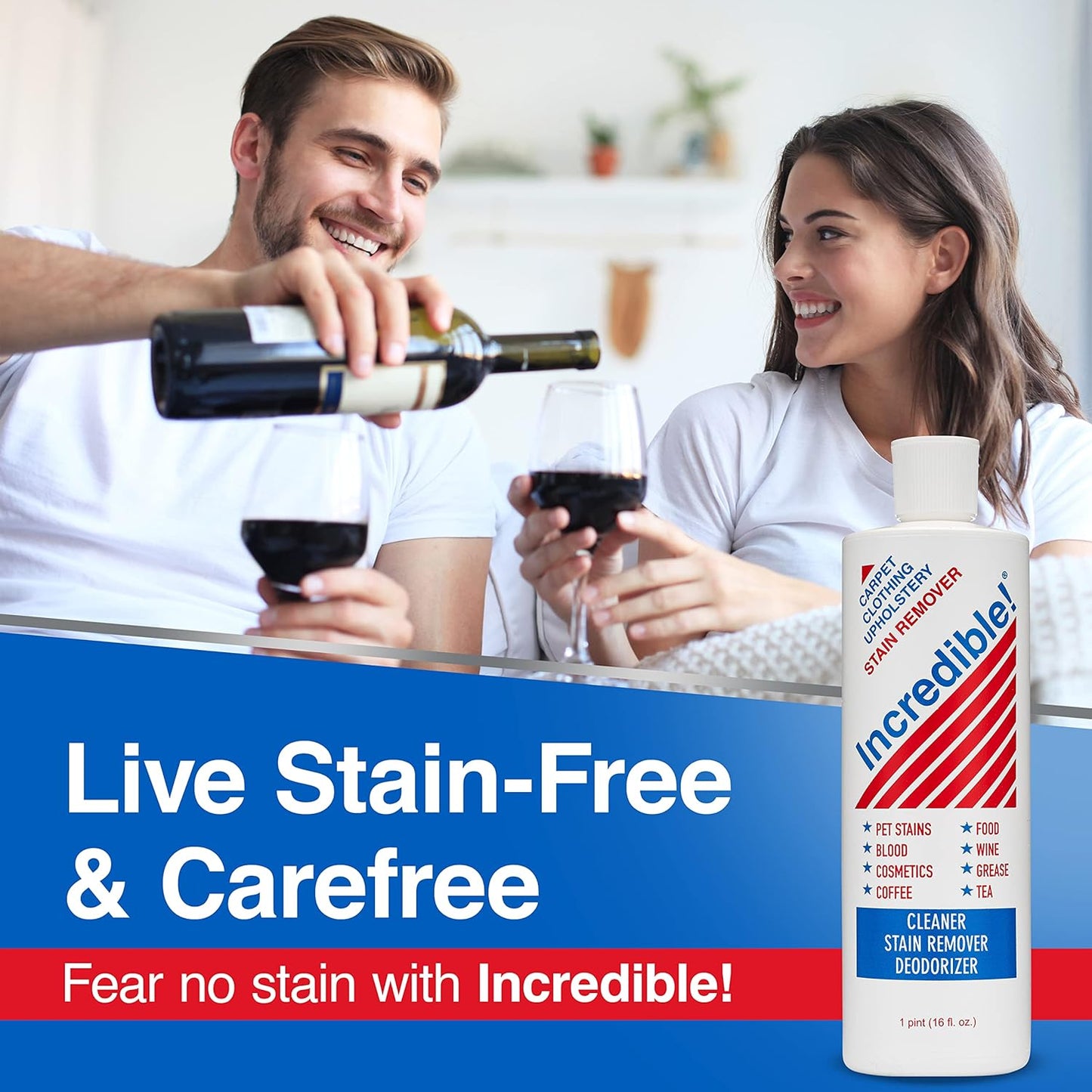 INCREDIBLE! Stain Remover - Commercial Pack Quantity, Professional Stain Cleaner For Carpets, Fabric, Linen, Laundry, Mattress, Car Upholstery – Pet Stains, Urine, Blood, Red Wine, 16.oz, Pack of 6