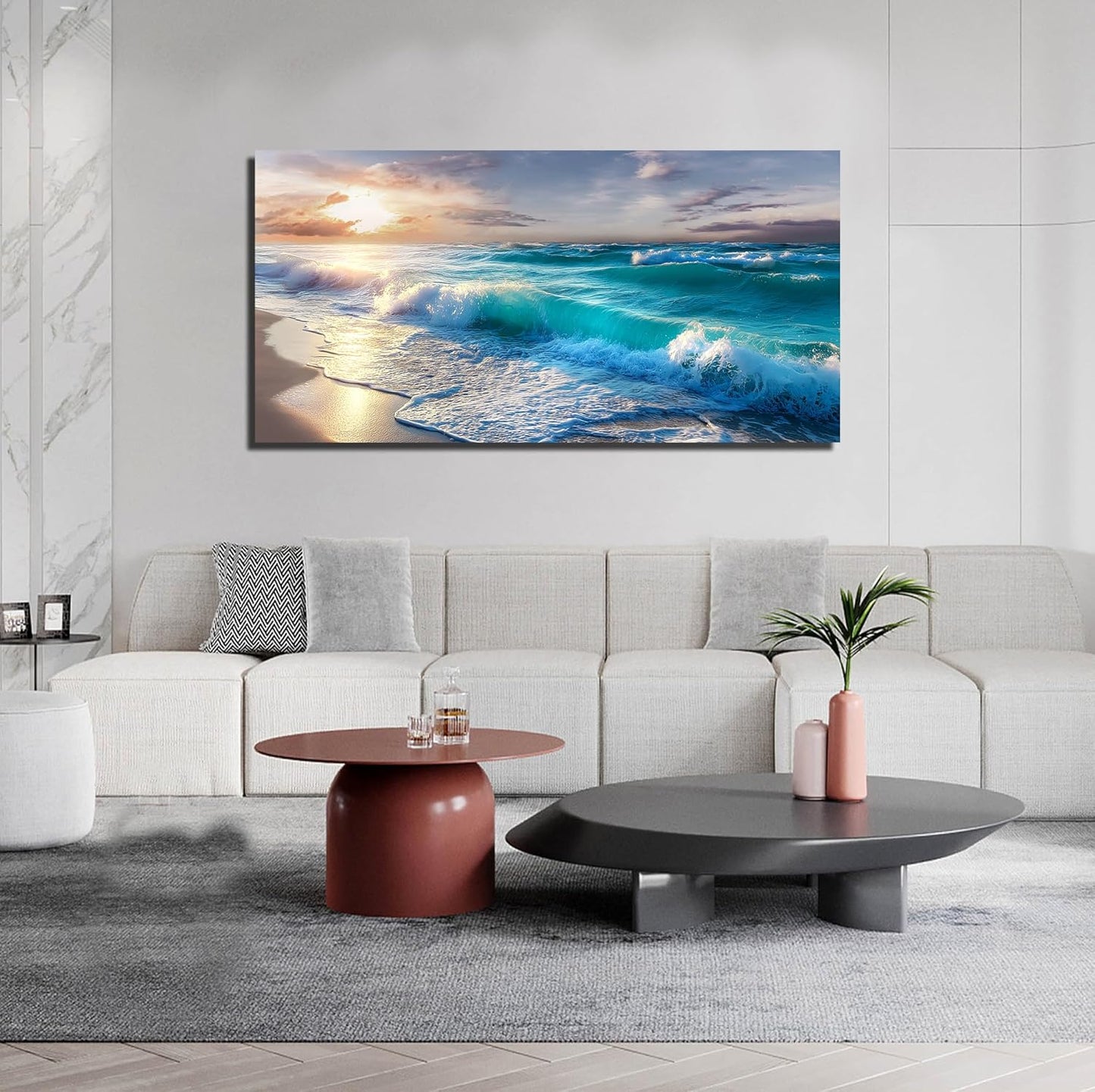 GUGIKA Ocean Wall Art for Living Room, Blue Wave and Large Coastal Beach Canvas Wall-Decor for Bedroom, Gold Sun Scenery Pictures for Hallway Office, Size 48 x 24 Inches