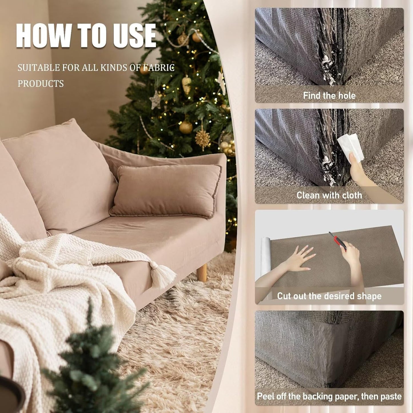 Azobur Couch Patches, Extra-Large Durable Fabric Tape, Ideal for Automotive Upholstery Repair, Waterproof, Self-Adhesive, Quickly Fix Sofas, Car Interiors, and Other Fabric Items (White)