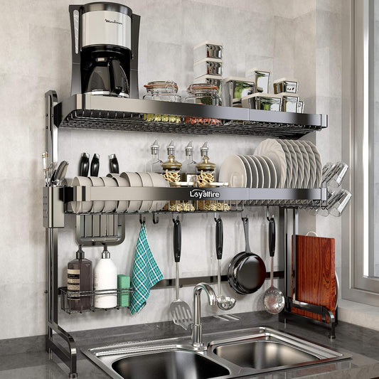 Over Sink Dish Drying Rack, 3 Tier Adjustable Length (20.87'' to 37.6'') Full Stainless Steel Large Storage Kitchen Dish Rack, Expandable Drainer Shelf Rack with Multifunctional Organizers