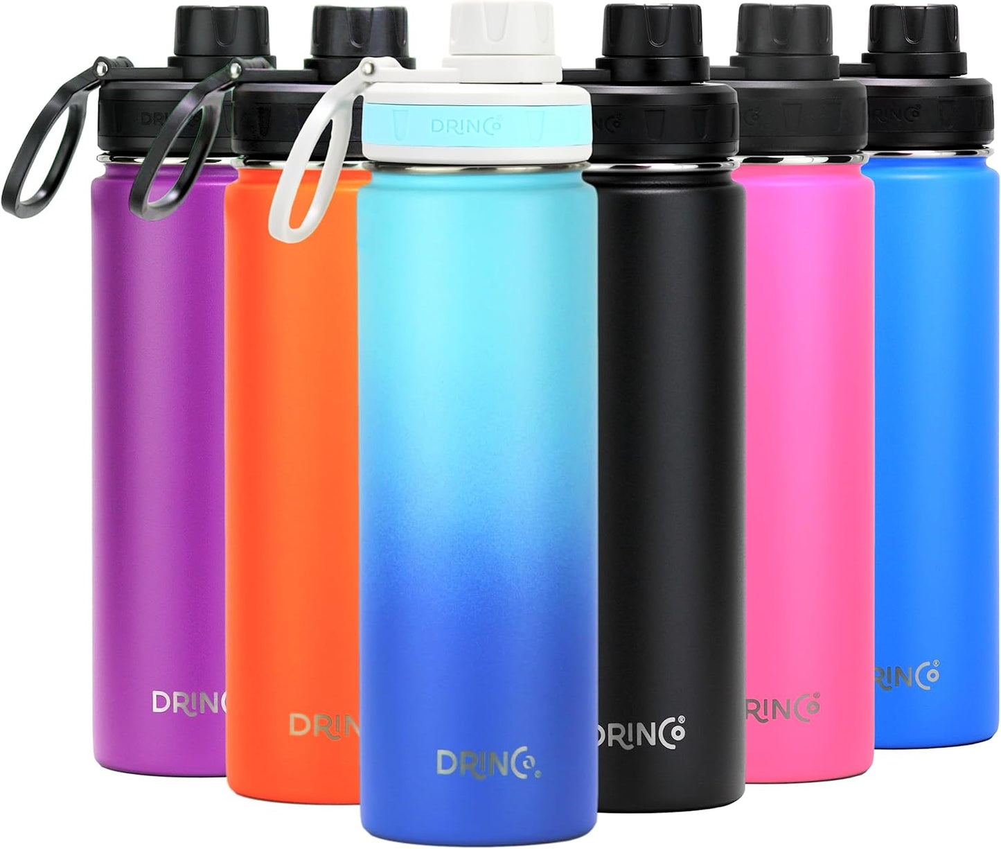 DRINCO Stainless Steel Water Bottle Spout Lid Vacuum Insulated Double Wall Water Bottle Wide Mouth (40oz 32oz 22oz 18oz 14oz) Leak Proof Keeps Cold or Hot (22 oz, 22oz Morning Sky Blue)