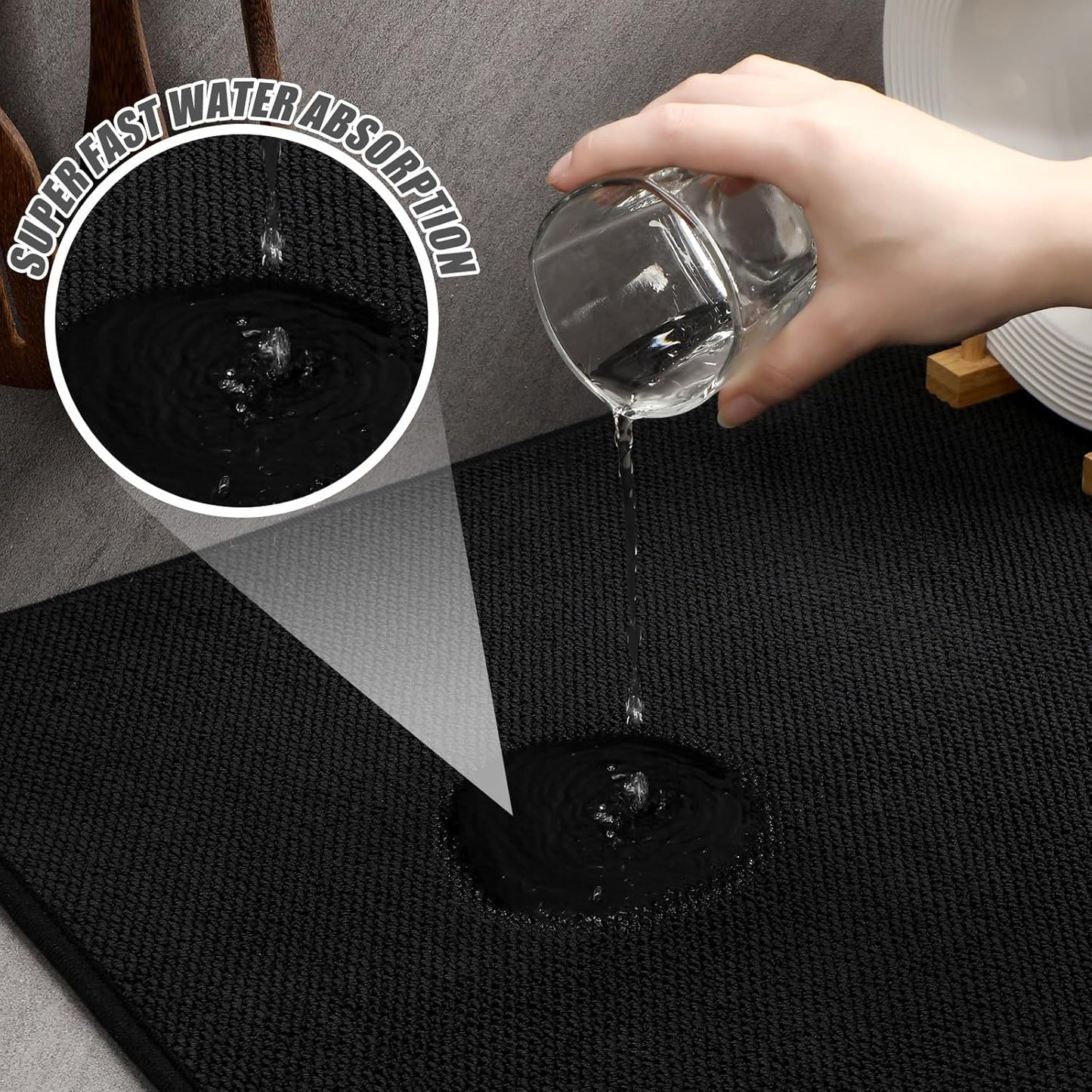 Hushee 2 Pack Extra Large Dish Drying Mat Microfiber Absorbent Dish Drying Pad Large Size Dishes Drainer Mats for Countertop, Sink, Refrigerator or Dryer (30 x 24 Inch,Black)