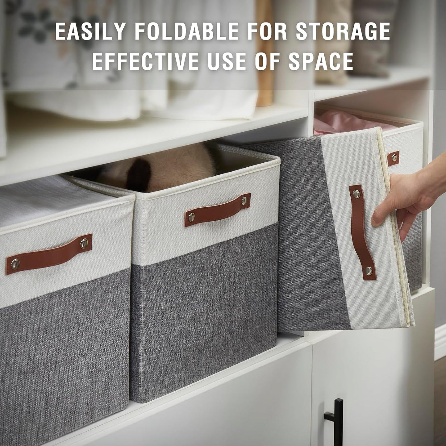 Collapsible Fabric Storage Cube Bins with 2 Reinforced PU Handles, Foldable Storage Organizer Baskets for Closet, Shelves, Living Room | 13"x13"x13", 4 Pack, Gray & White