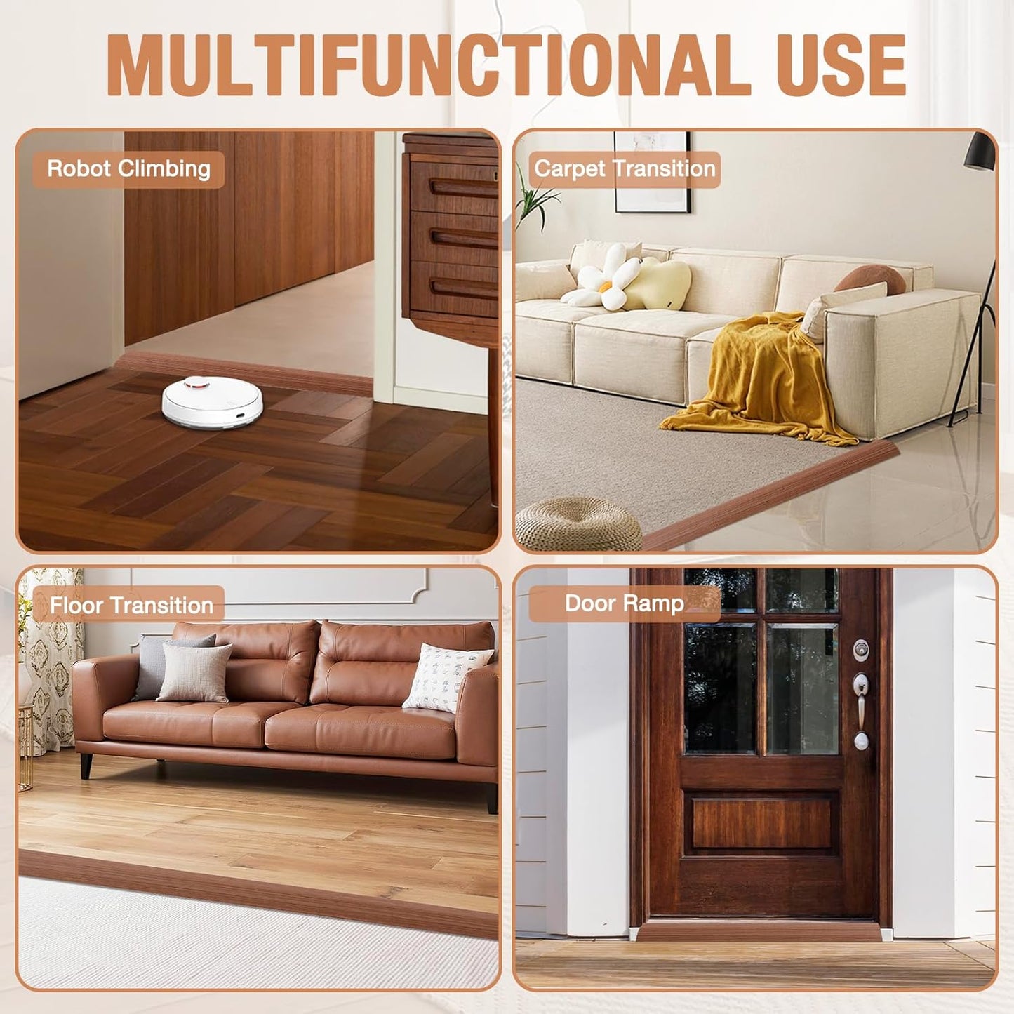 Floor Transition Strip Self Adhesive Vinyl Door Threshold for Doorways Carpet Edging Trim Overlap Edge Reducer for Laminate Floor, Carpet, Tile (Light Brown Wood Grain, 1/5" to 2/5", 10Ft)