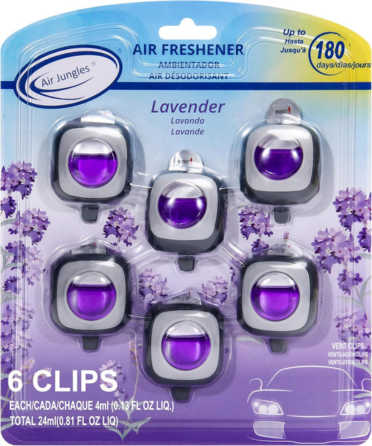 Air Jungles Lavender Scent Car Air Freshener Clip, 6 Vent Clips, 4ml Each, Long Lasting Air Freshener, Up to 180 Days Car Refresher Odor Eliminator