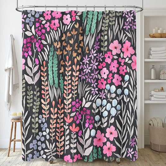 Extra Long Shower Curtain 72 x 84 Inch, Tall Cute Floral Shower Curtain for Bathroom, Black Hot Pink Wildflower Boho Cottagecore Fabric Shower Curtain Set with Hooks