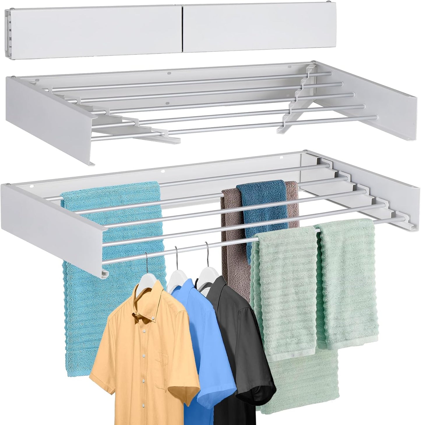 FOCHIER F Laundry Drying Rack Wall Mounted Clothes Drying Rack Collapsible with 4 Aluminum Rods and Drilling Template Long Screwdriver Bit 60 lbs Capacity (White, 40")