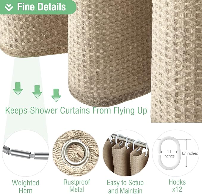 Dynamene Extra Long Shower Curtain,96 Inch Long Waffle Weave Heavy Duty Thick Fabric Bathroom Shower Curtain, Neutral Weighted Hotel Bath Curtain Set with 12 Plastic Hooks,72x96,Beige/Khaki