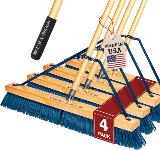 4 Pack Bundle- 24" Everyday Sweep Indoor/Outdoor Push Broom with 60" Handle. Ideal for Garages & Shops. American Made Steel Brackets-All Stainless Steel Hardware. No Plastic. 100% Made in The USA.