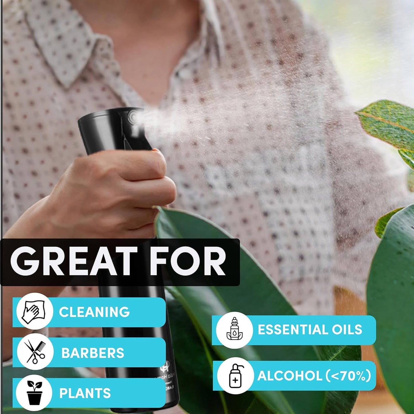 Hula Home Spray Bottle for Hair (10.1oz/300ml) - Powered by Flairosol® Spray Technology - Continuous Ultra Fine Mist Sprayer – For Hairstyling, Cleaning, Salons, Plants, Essential Oil & More - Black