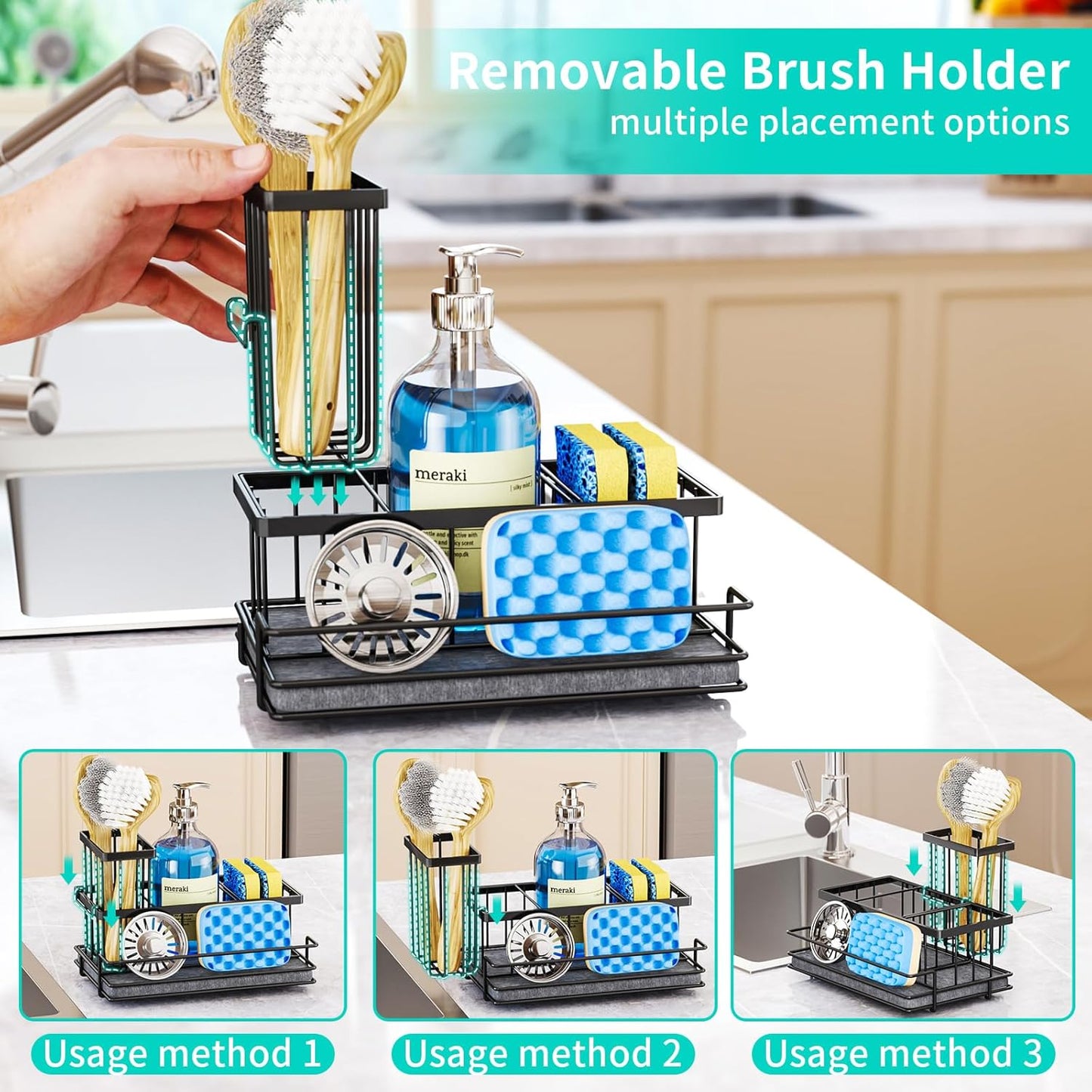 HapiRm Sink Caddy Sponge Holder - Kitchen Sink Organizer with Instant Drying Stone and Brush Holder, Stainless Steel Sponge Caddy for Kitchen Countertop - Black