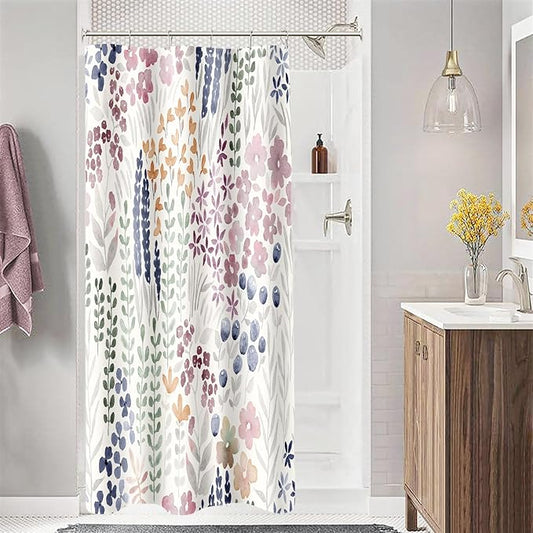 Small Stall Shower Curtain 36 x 72 Inch, Half Narrow Cute Floral Shower Curtain for Bathroom, Mauve Wildflower Boho Cottagecore Fabric Shower Curtain Set with Hooks
