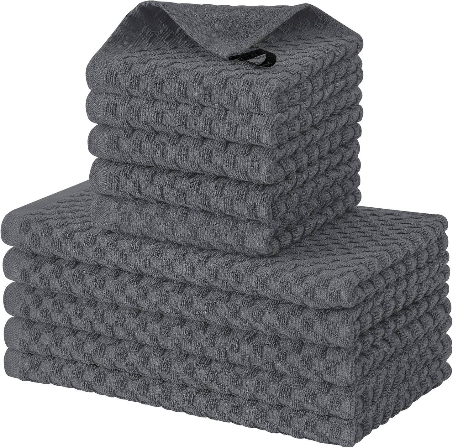 Fintale 100% Cotton Kitchen Towels and Dishcloths Set, 12 x 12 & 15 x 25 Inches, Set of 10 Bulk Super Soft and Absorbent Terry Cloth Dish Towels, Quick Drying Hand Towels with Hanging Loop, Dark Grey