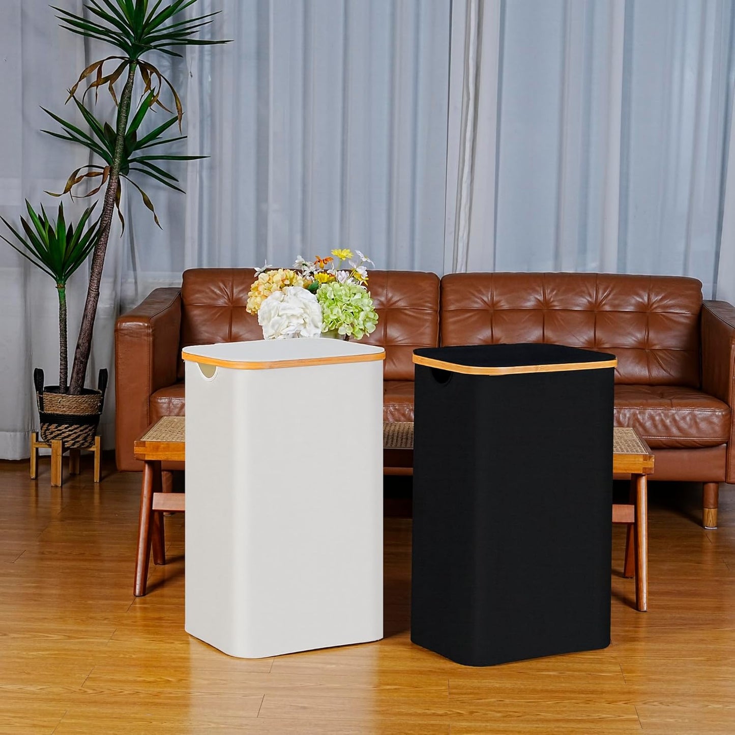 100L Laundry Hamper with Lid, Lagre Basket with Bamboo Handles,Foldable Clothes Hamper Tall Dirty Laundry Basket for Clothes Toys Towels Organizing,Beige