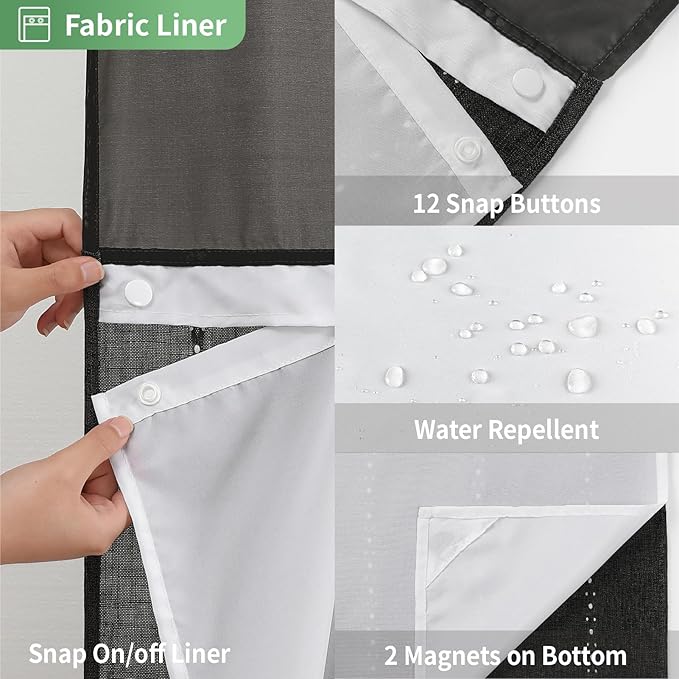 No Hook Stall Shower Curtain with Snap-in Fabric Liner - 54x80 Heavy-Duty Linen Textured Striped Design,Narrow Rustic Modern Farmhouse Bohemian Bathroom Curtain,Water-Repellent,Black