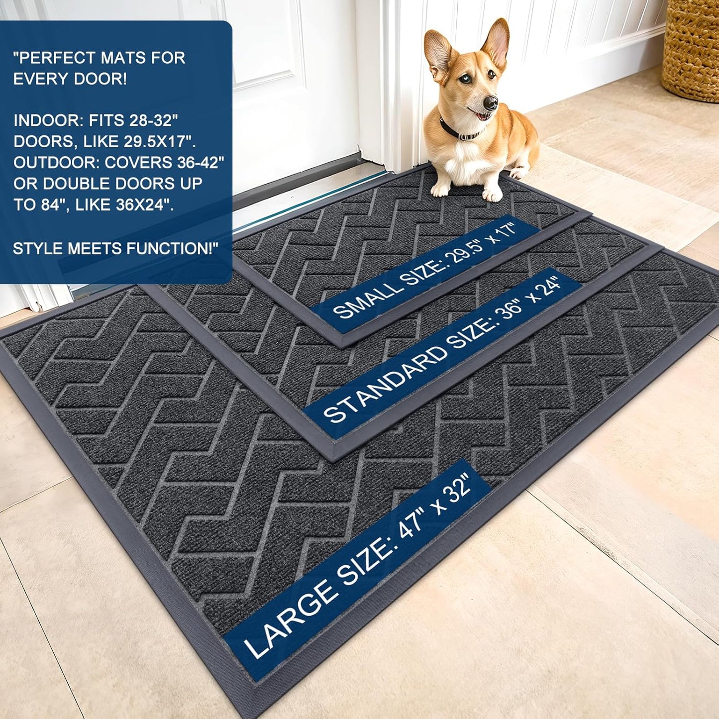 OLANLY Front Door Mat Indoor Outdoor Entrance, Waterproof All-Season, All-Weather Doormat, Sturdy Natural Rubber, Low Profile, Easy Clean Patio Porch Entryway Mat, Herringbone Brick (Grey, 59x35)