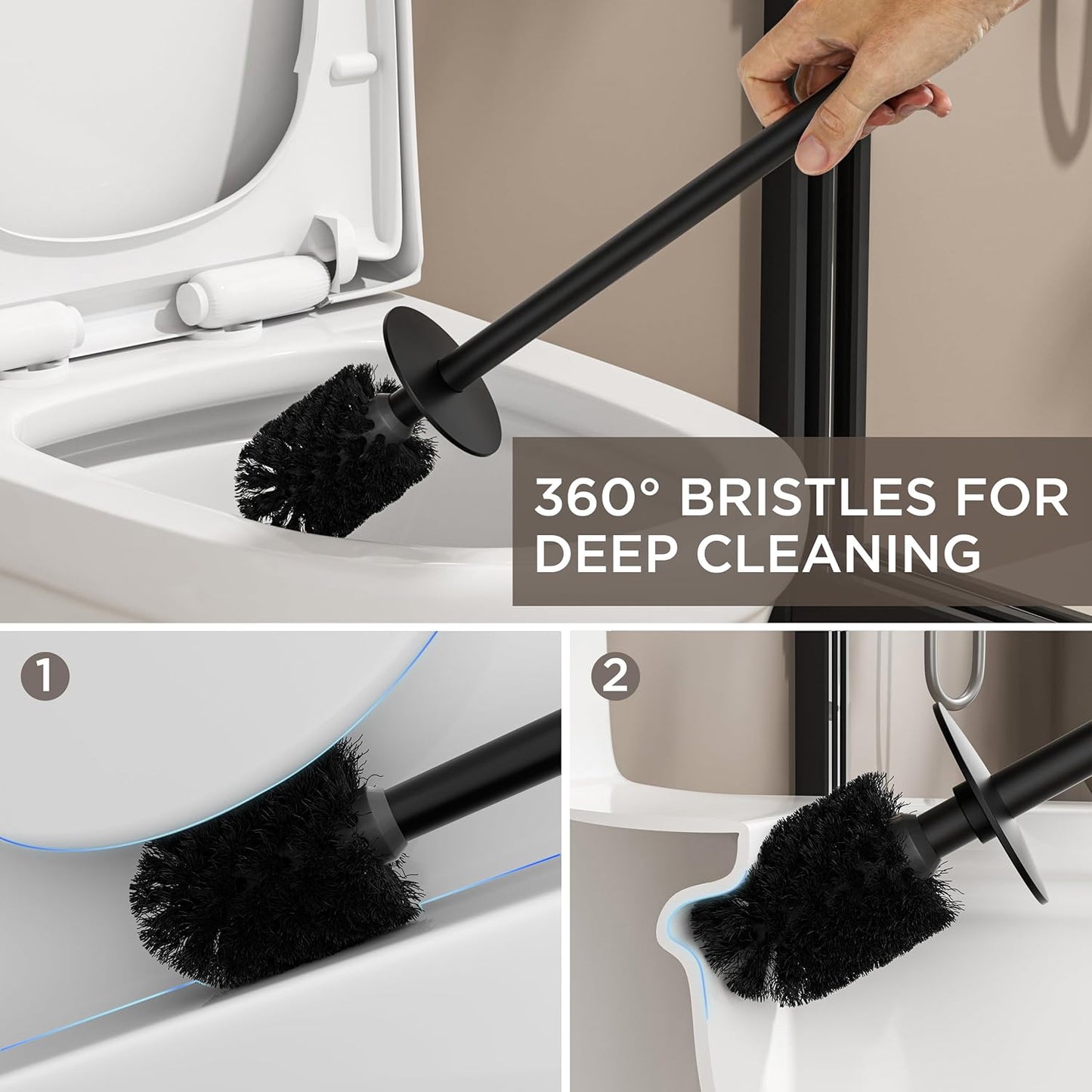 FORIOUS Toilet Brush and Holder Set, 304 Stainless Steel Heavy Duty Base and Handle for Bathroom Deep Cleaning, Toilet Bowl Cleaners Brush with Holder, Space Saving for Storage (2, Matte Black)