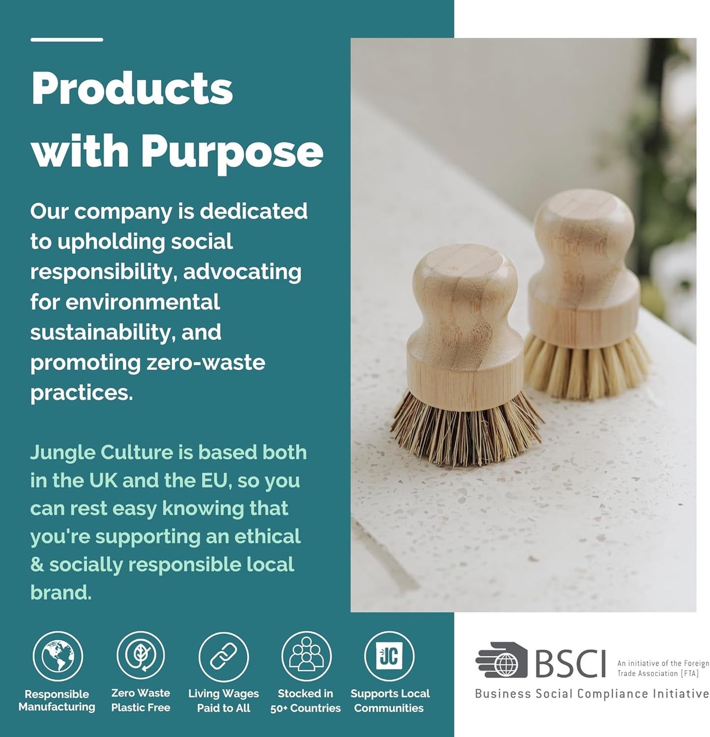 Jungle Culture Kitchen Dish Scrubber Set of 2 • Bamboo Dish Brush for Washing Pots, Pans, Dishes & Plates • Natural Bristle Wooden Brushes for Washing Up • Zero Waste Firm & Soft Eco Scrub Brush