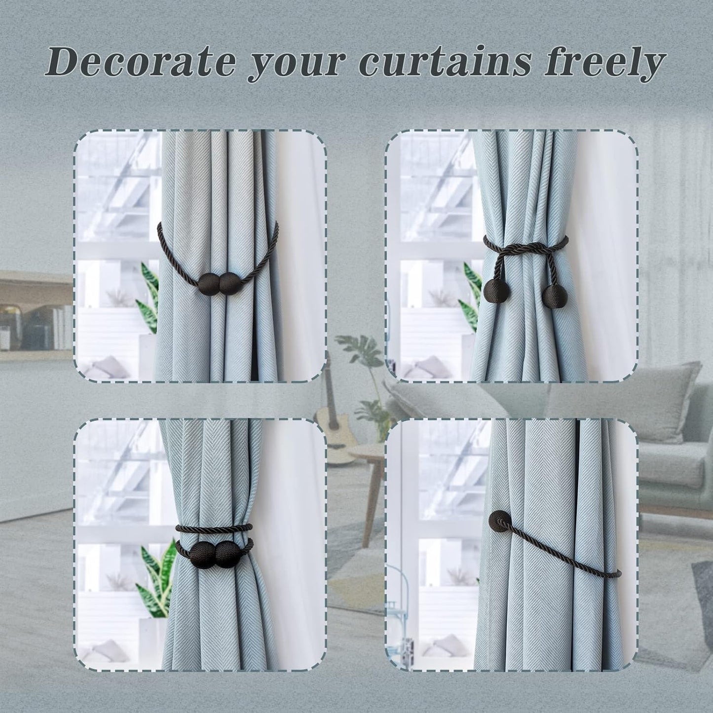 Hion Magnetic Curtain Tiebacks Black 6 Pack, Curtain Tiebacks Buckles Holdbacks Holders Hooks Clip for Home Bedroom Office Decorative Thick or Thin Curtain