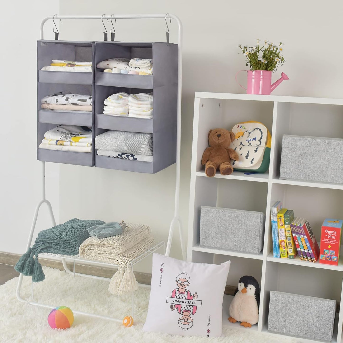 GRANNY SAYS 3-Shelf Closet Organizers and Storage, Foldable Hanging Closet Organizer, Hanging Closet Shelves with 2 Metal Hooks, Leak-Proof Closet Hanging Organizer for Locker & Camper, Gray, 2-Pack