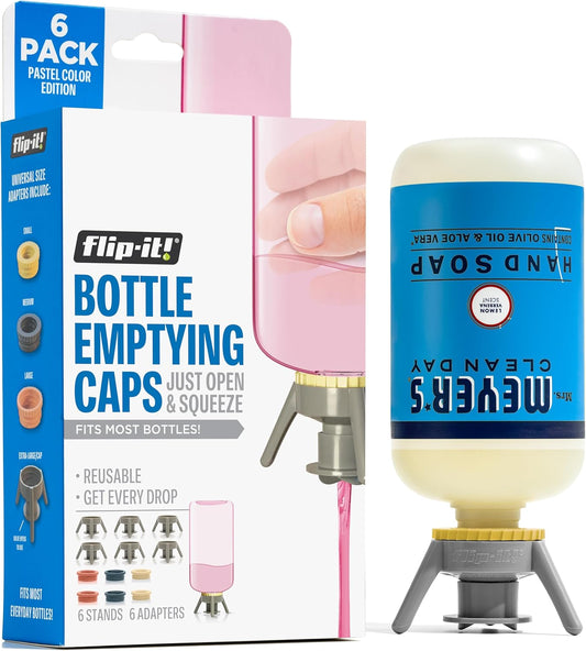 Flip-It! Bottle Emptying Kit – 6 Bottle Pack - No more wasted product - Fits most plastic bottles – 6 Base Caps, 6 Adapters – Pastel Color Edition