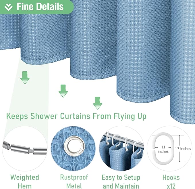 Dynamene Extra Long Shower Curtain - 84 Inch Long Blue Waffle Weave Heavy Duty Fabric Bathroom Shower Curtain, Weighted Hotel Thick Bath Curtain Set with 12 Plastic Hooks,72x84, Moonlight Blue