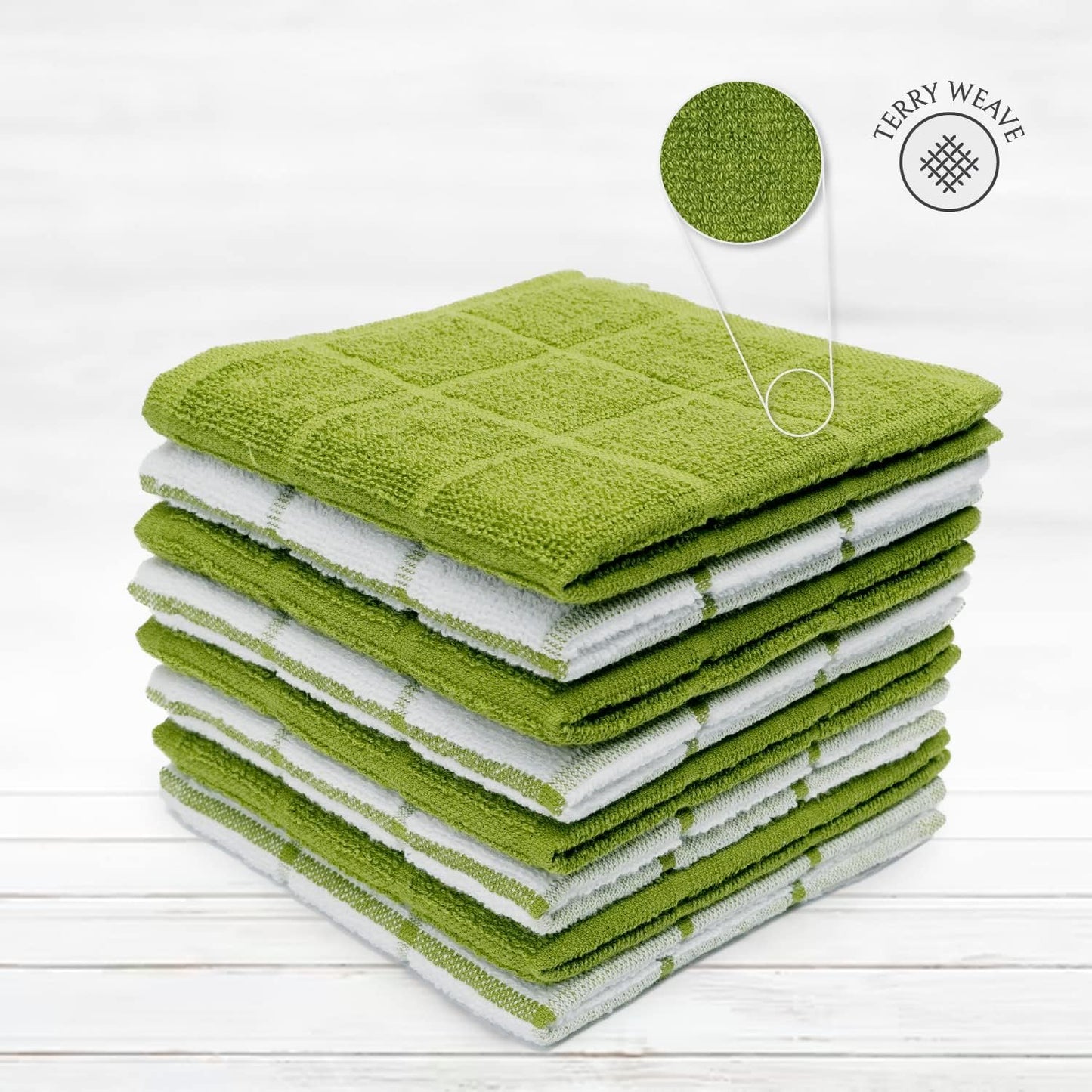 100% Cotton Terry Dish Cloth & Dish Towel, 6 Pack, Super Soft and Absorbent Kitchen Towels, Perfect for Kitchen Cleaning and Dish Washing (Green (Solid and Checks) 8 Pack)