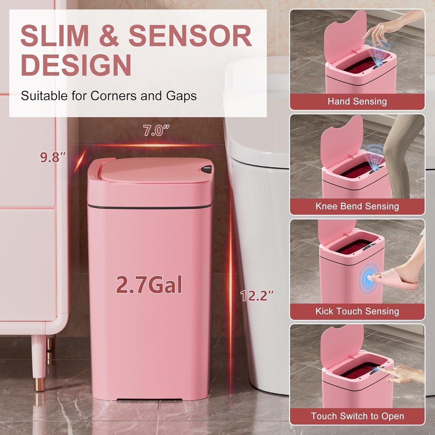 2 Pack 2.7 Gal Bathroom Trash Can with Lid, Automatic Trash Can Small Smart Garbage Can Touchless, Slim Motion Sensor Waterproof Plastic Trash Bins for Bedroom Office Kitchen Toilet Pink