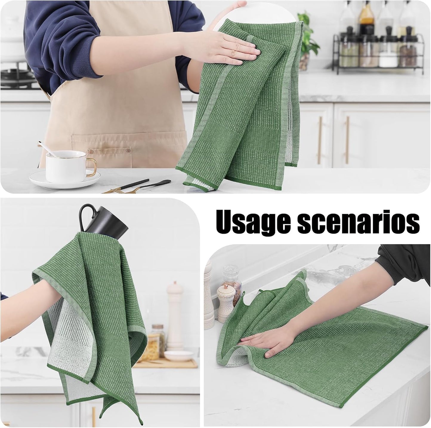 Homaxy Premium Kitchen Towels(18”x 28”, 8 Pack), Large Cotton Kitchen Hand Towels, Flat and Terry Dish Towels, 380 GSM Highly Absorbent Tea Towel Set with Hanging Loop, Grass Green
