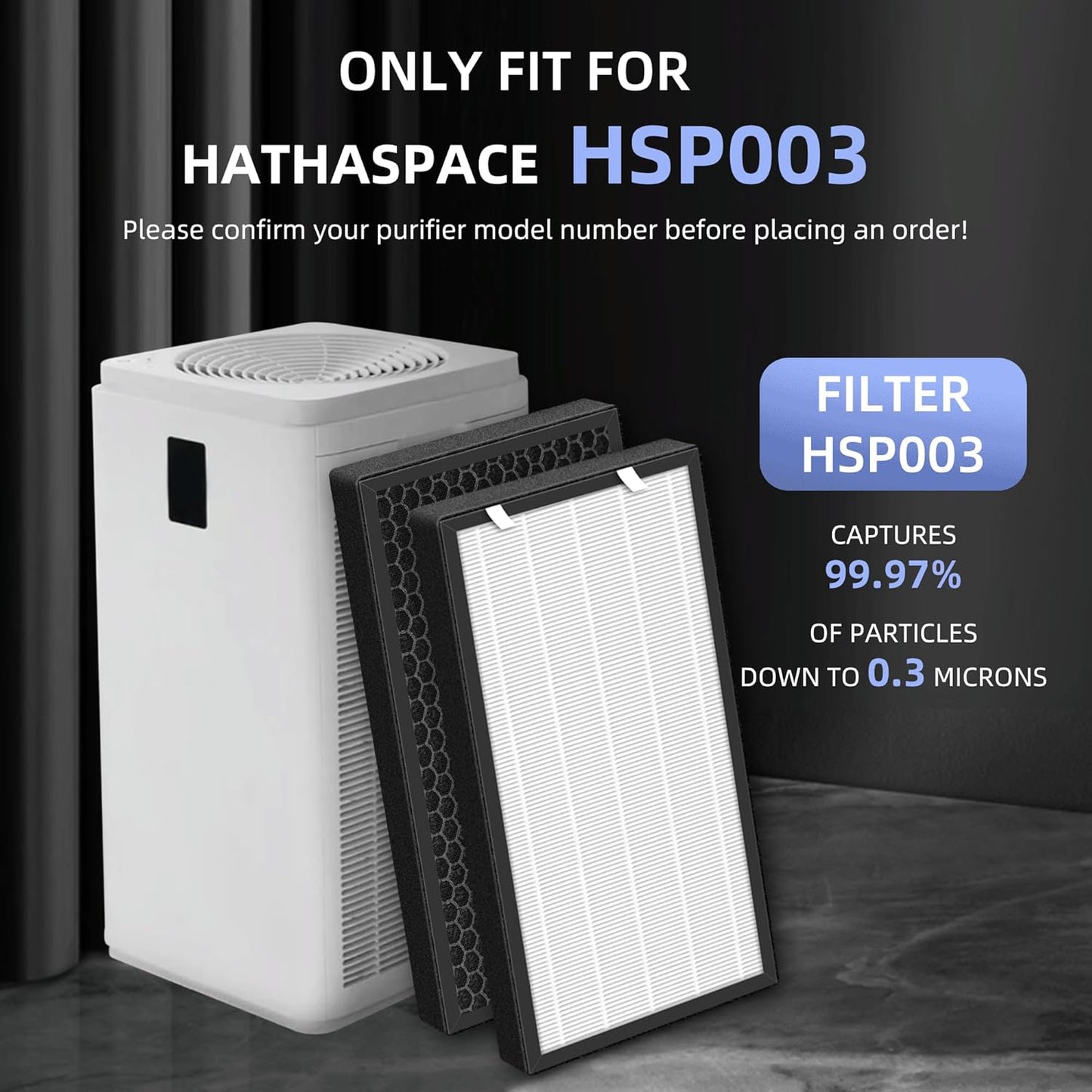 HSP003 True HEPA Filter Replacements for Air Purifier Filters HSP003,3 in 1 H13 True HEPA Filter with Activated Carbon Pre-Filter,2 Pack
