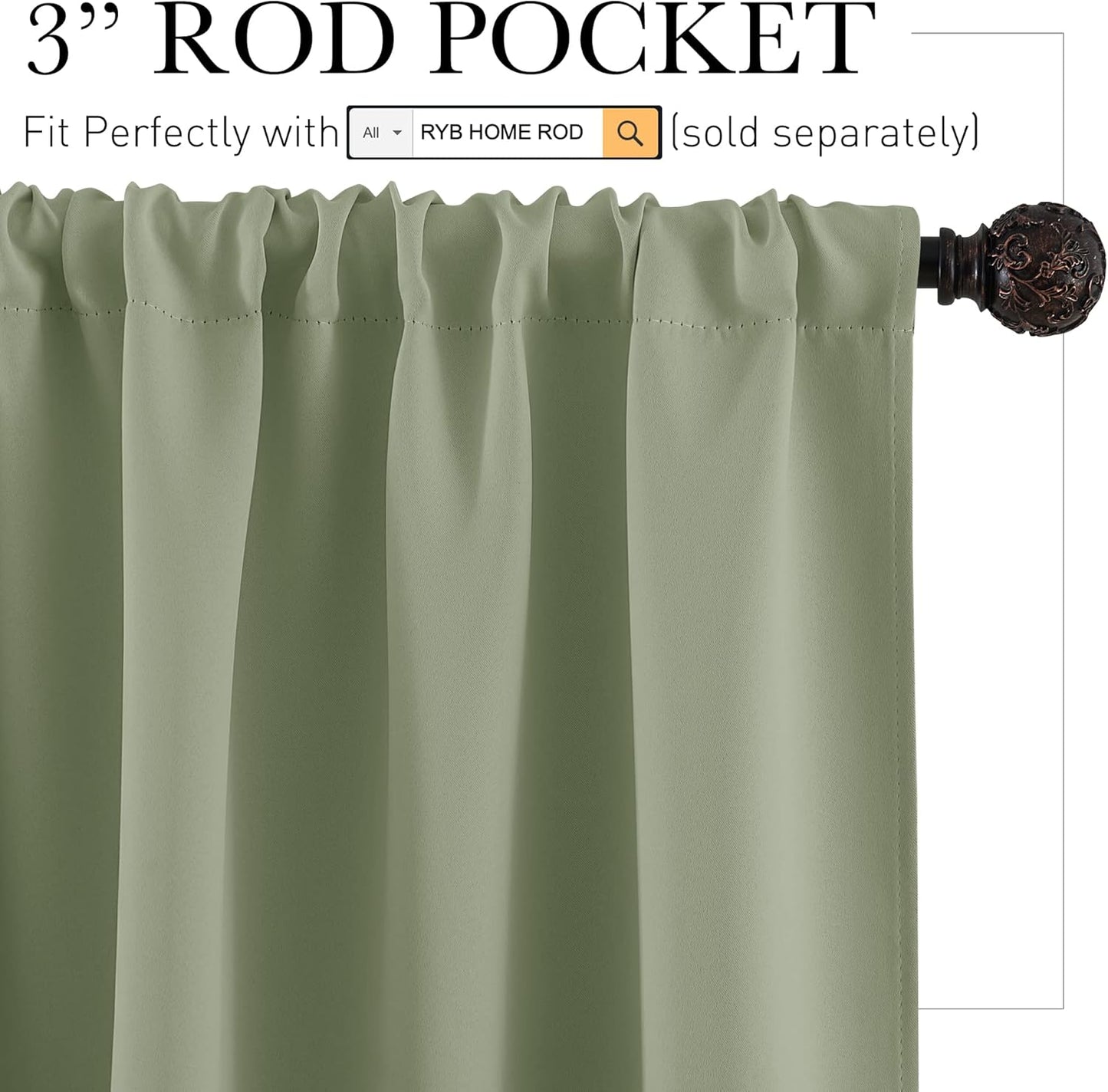 RYB HOME Small Curtains for Door Windows - Blackout Thermal Insulating Drapes for Home Theatre Bathroom Basement Cafe RV Camper Windows Blinds, Wide 34 x Long 30, Sage Green, 1 Pair