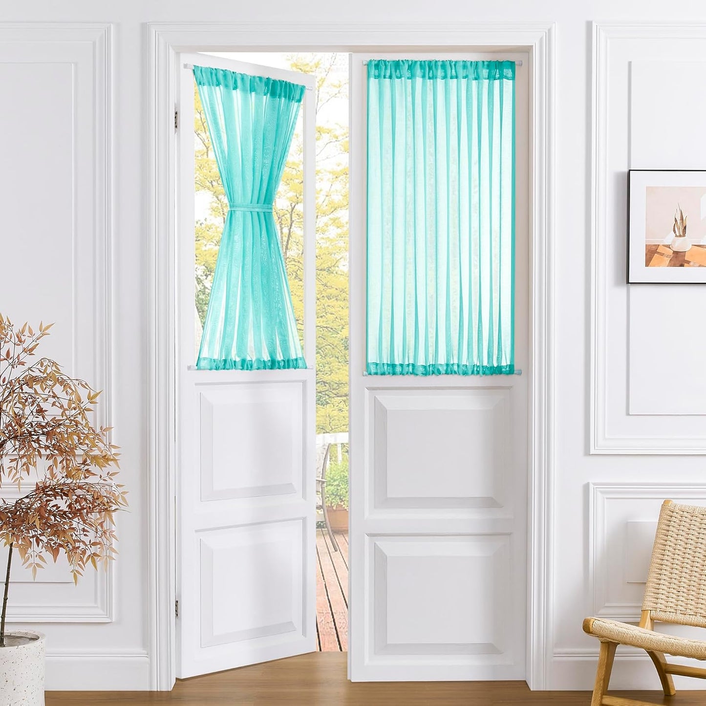 Tollpiz Short Sheer Door Curtain Closet Linen Textured Curtain Sheers Doorway Light Filtering Voile Patio Door Rod Pocket Curtains French Door, 54 x 54 inches Long, Aqua Blue, Set of 1 Panel