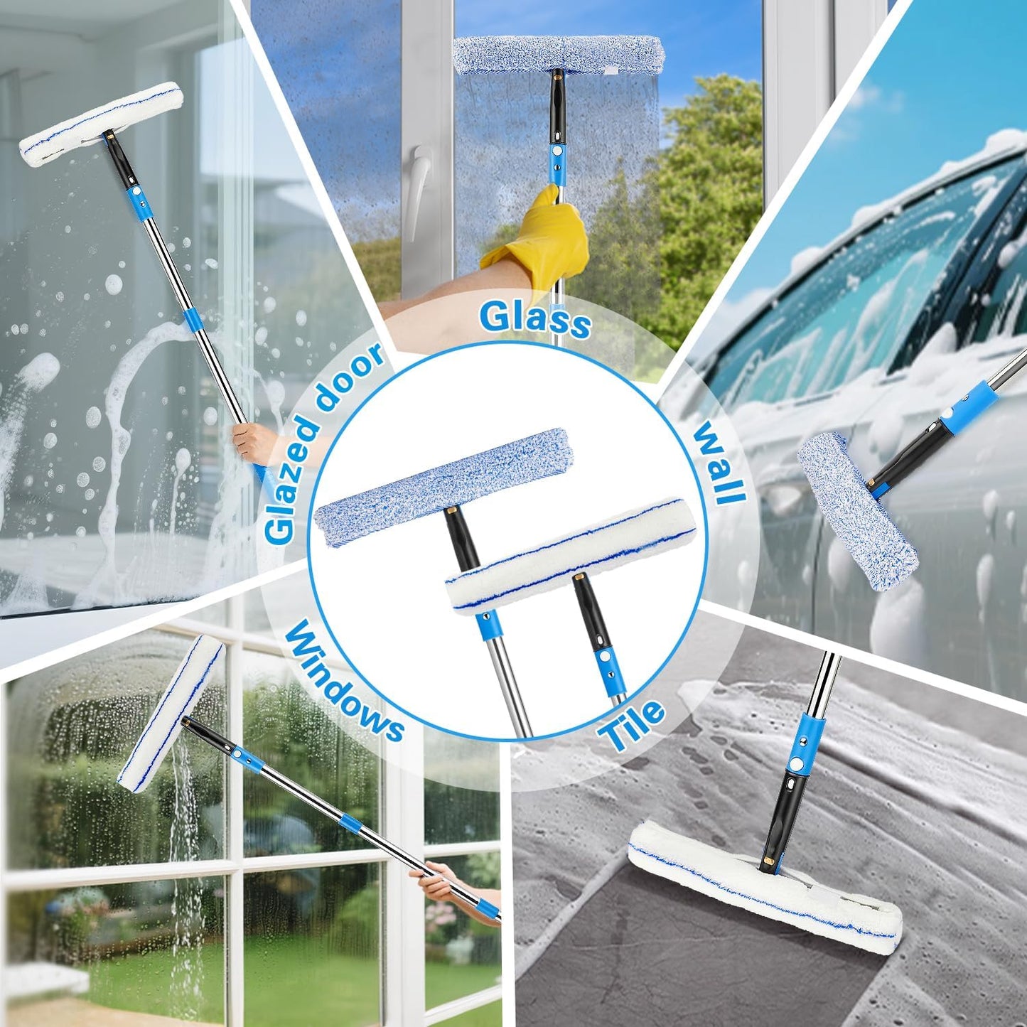 75'' Window Squeegee Cleaner Tool, Professional Window Cleaning Kit for Glass with 360° Rotation & Extension Pole- Glass Cleaner Tool with Scrubber for Windows,Glass,Bathroom,Shower