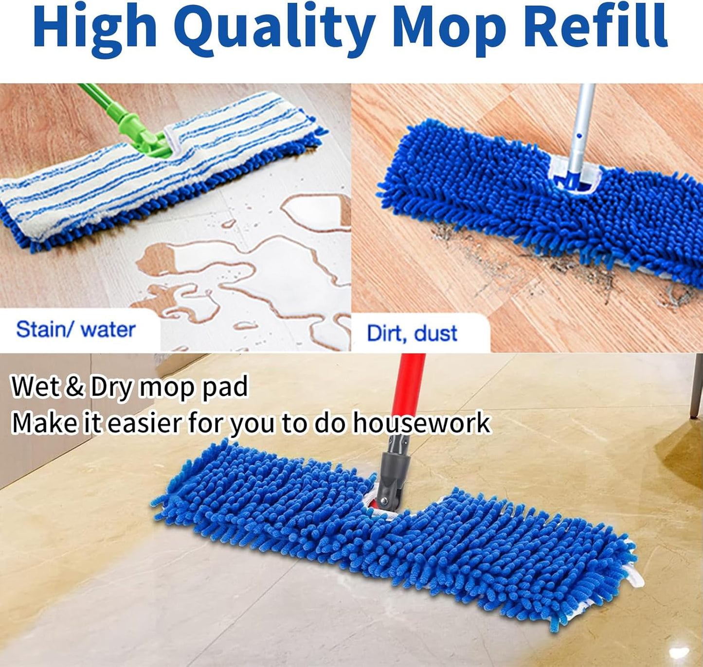 4 Pack Mop Heads Replacements Compatible with O-cedar Dual-Action Flip Mop, Chenille + Microfiber Mop Refills for Dry/Wet Use, Reusable and Machine Washable Dust Mop Cloths for Hardwood Floor Cleaning