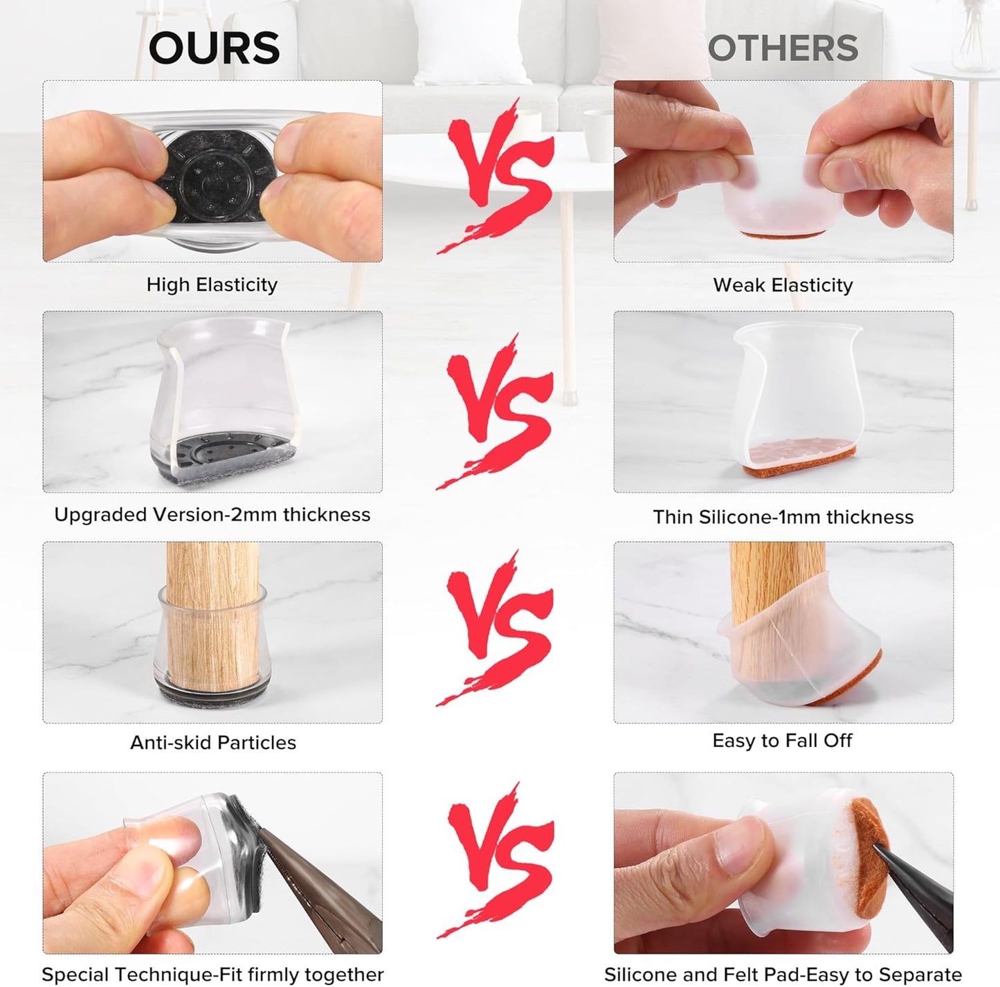 24PCS Upgraded Silicone Chair Leg Floor Protectors for Hardwood Floors, Furniture Sliders for Chair Legs, Felt Bottom Furniture Pads, Anti-Slip Round&Square Cap Covers to Scratch and Reduce Noise